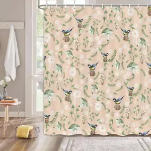 Green Plant Daisy Bird Shower Curtain Fabric Waterproof Bathroom Decor 84in Long - Picture 1 of 6