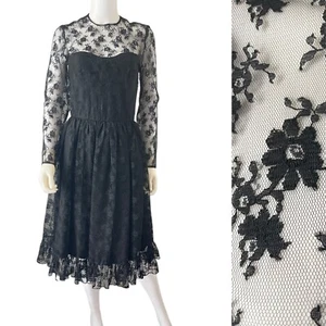 Vintage 80s Bill Blass Dress, Sz M, Sheer Black Lace Floral, Sweetheart Midi - Picture 1 of 12