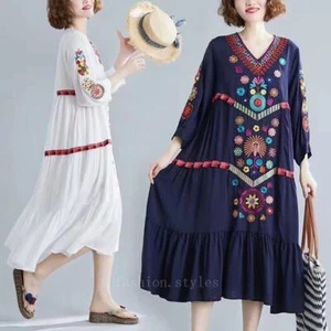 Women Retro Ethnic Mexican Embroidered Cotton Linen Long Boho Loose Dress - Picture 1 of 21