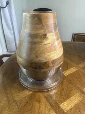 Large Wood and Metal Vase Silver Tone Base Brown Wooden Tones - Image 1 of 4