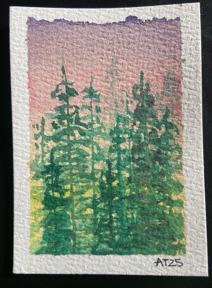 Tarjeta de arte acuarela original Sunset Pines ACEO Foto 1 de 1