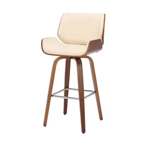 26" Cream And Brown Faux Leather And Solid Wood Swivel Counter Height Bar Chair - Picture 1 of 13