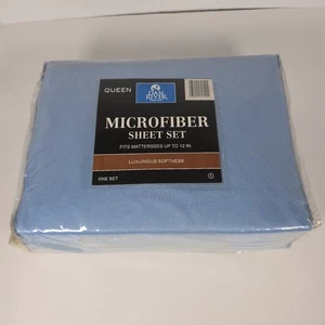 Queen Mikrofaser Laken Set Hellblau Weich 4-teilig Tiefe Taschen Bettwäsche Neu - Bild 1 von 3