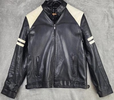 Fred Denim Jacket Mens Medium Black White Moto Biker Faux Leather Racing Stripe - Image 1 of 4