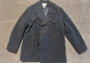 LL Bean Men Jacket Large Tall LT Black Navy Anchor Pea Coat Italy Excellent WOOL - Picture 1 of 17