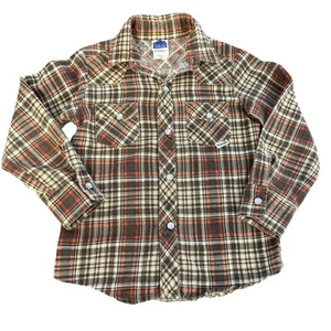 Vintage Wrangler Kids Pearl Snap Flannel Plaid Shirt American Cowboys Boys Sz 6 - Picture 1 of 10