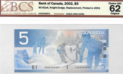 2002 Bank of Canada $5 AOB Replacement Note (2001); BC-56aA; BCS graded UNC-62 Foto 1 de 2