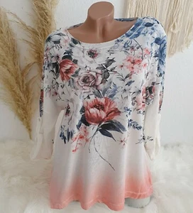 Damen Feinstrick Shirt Blumen Pulli Oversize Pulli geblümt Weiß Korall 38 40 42 - Bild 1 von 6