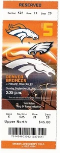 2013 Denver Broncos vs Philadelphia Eagles Talón de boletos 29/09/13 Peyton Manning - Imagen 1 de 1