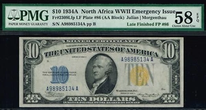 $10 1934A North Africa WWII Emergency Note. LATE FINISHED FP # 86. PMG 58 EPQ - Picture 1 of 3