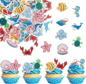 56X Edible Ocean Animal Cupcake Toppers Sea Ocean Theme Birthday Cake Decal Gift - Picture 1 of 5