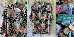 VTG REYN SPOONER BUTTON UP ALOHA SHIRT 100% RAYON PINEAPPLES BLACK PINK HAWAII L - Picture 1 of 10