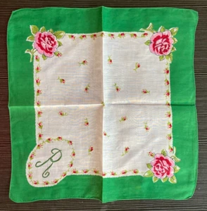 VTG HANKIE HANKY HANDKERCHIEF Printed Green/Pink/White Flowers EMBROIDERED "R" - Imagen 1 de 3