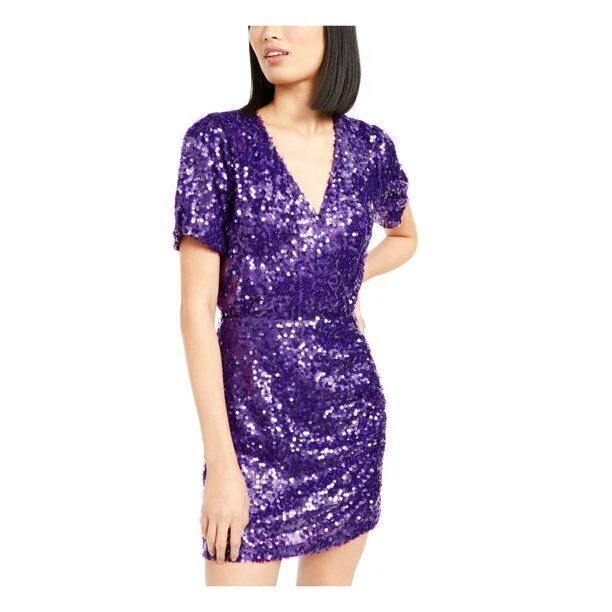 Leyden Womens Purple Sequined V Neck Short Sheath Party Dress Size Small