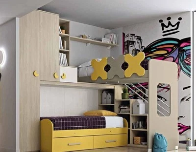 CAMERETTA PONTE ANGOLARE 2 LETTI ARMADIO DIVANO CON CESTONI  ECOLOGICA CATAS 25 - Immagine 1 di 4