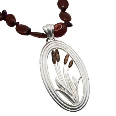 Collar colgante cola de gato ojo de tigre cornalina y cordón de cuero granate 16-18,5" Foto 1 de 4