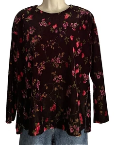 J Jill Black Velour Top sz XS Red Pink Multi Floral - Picture 1 of 9