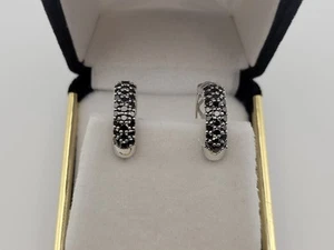 14k 50 Round Black Diamond Huggie Style Hoop White Gold Ladies Earrings - Picture 1 of 10