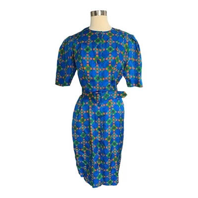 K32 VTG Adrianna Papell Silk Belted Sheath Dress Geometric Print Sz 8 - Image 1 of 4