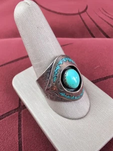 Anello vintage in argento sterling turchese e corallo marcato nativi americani misura 11,25 - Foto 1 di 9
