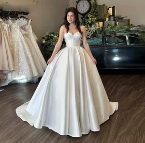 Vintage Sweetheart Wedding Dresses for Women A-line Pleat Sleeveless Satin Bride - Picture 1 of 9