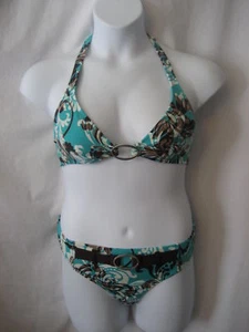 New! AXCELERATE Turquoise & Brown Print 2-PC Bikini SWIMSUIT, NWOT L/XL - Picture 1 of 6