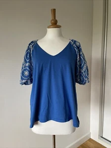 Papaya Royal Blue Blouse T Shirt Size 20 Broderie Anglaise Sleeves Cotton Jersey - Picture 1 of 6
