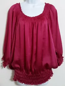 Women's Extra Large Blouse Pink Silky Polyester Elastic Hem Sleeve Neck Details  - Picture 1 of 5