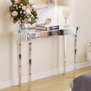 Silver Mirrored Console Table Oval Makeup Table Sofa Behind Table Living Room - Picture 1 of 16