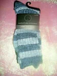 SIGNATURE STUDIO DAMEN 2ER PACK CREW SOCKEN EINFARBIG / GESTREIFT - BLAU - NEU - Bild 1 von 2