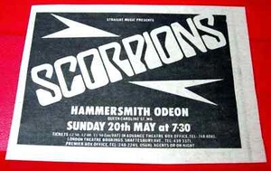The Scorpions Hammersmith Gig Vintage ORIGINAL 1979 Press/Magazine ADVERT 4"x 3" - Imagen 1 de 3