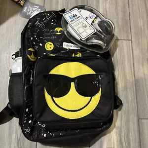 Kids Fashion Headphone 17" Backpack Value Set: Smiley: Black and Yellow: NEW - Picture 1 of 13