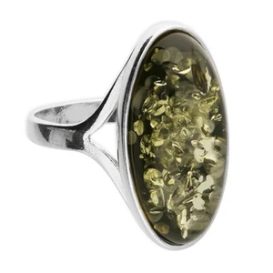 Green Amber Large Oval Statement Ring Solid Sterling Silver 925 - Picture 1 of 3