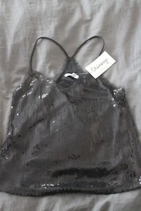 Nuova camicia canotta Olsenboye spaghetti strap nera paillettes sequenza XS - Foto 1 di 5