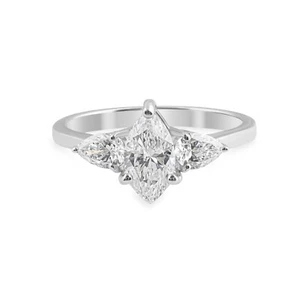 1.16 Ct Pear Marquise SI Clarity H Color Diamond Three Stone Ring 14k White Gold - Picture 1 of 8