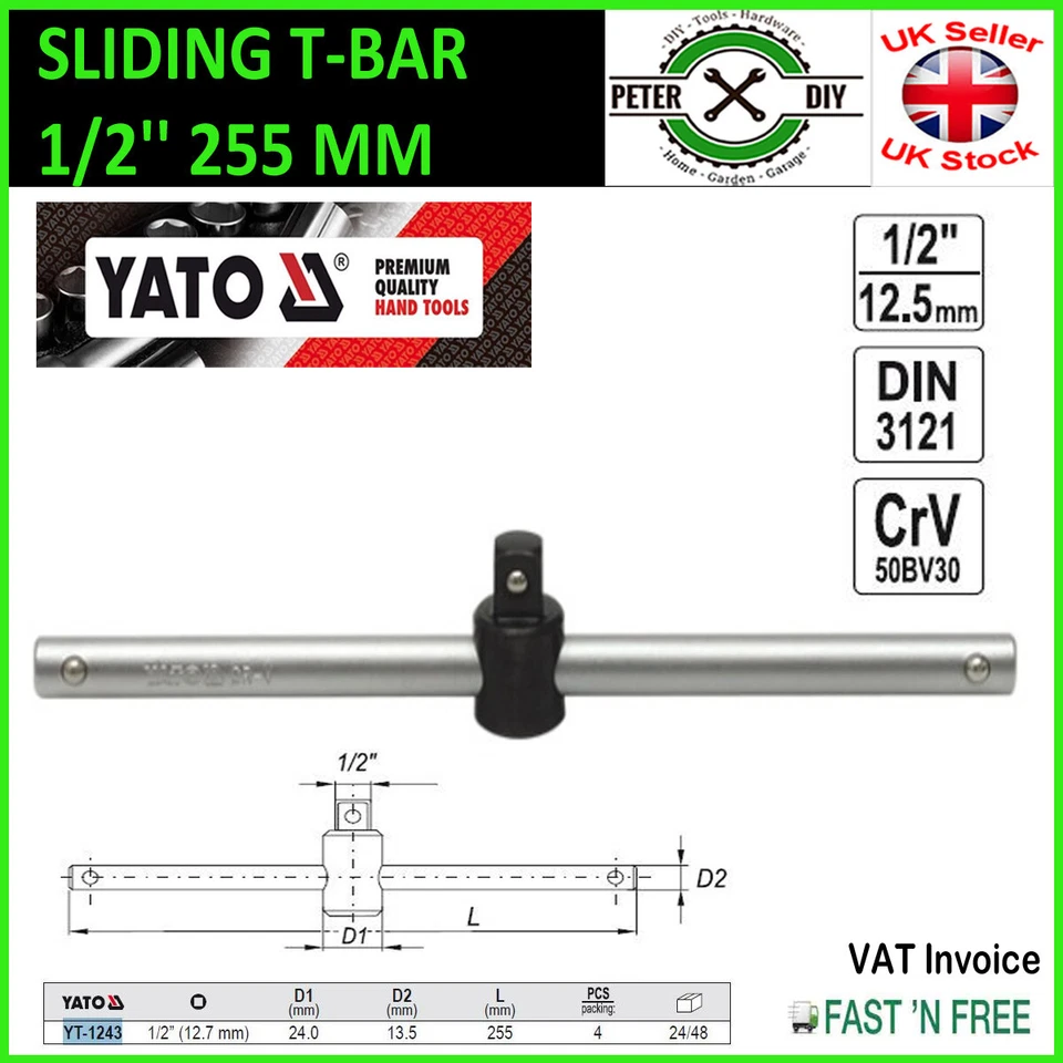 SLIDING T-HANDLE BAR Yato 1/2" x 255mm Handle Socket Drive CrV YT-1243 - Image 1 of 1