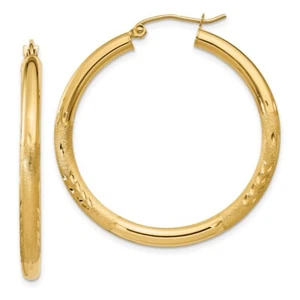 Real 14kt Yellow Gold Satin and Diamond-cut 3mm Round Hoop Earrings - Picture 1 of 6