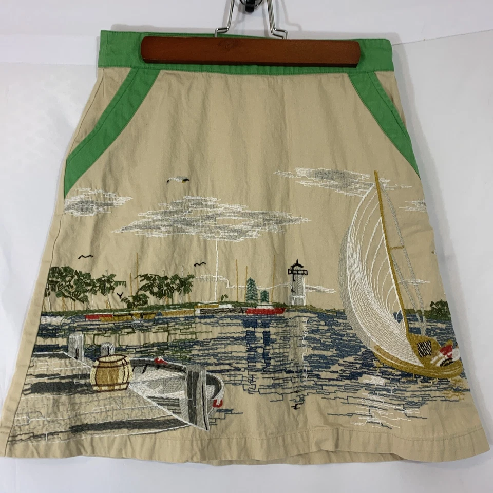 Saia curta vintage pomba de malha tamanho XS bordada rara cena de praia verde bronzeado - Imagem 1 de 4