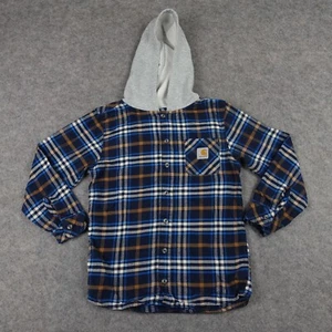 Carhartt Shirt Boys Medium 10 12 Blue Flannel Shacket Hooded Cowboy Work Wear VT - Picture 1 of 9