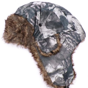 Dark Grey/Green Camo Faux Fur Lined Trappers Hat w/Ear Covers + Chin Strap Clip - Picture 1 of 2