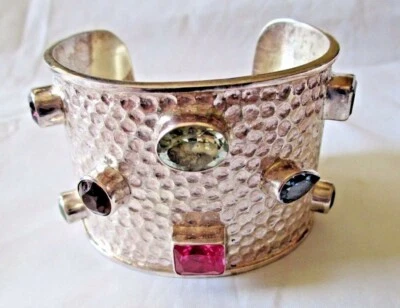 Natural Gemstone FINE SILVER .999 Cuff Bracelet 108 GRAMS WIDE MIXED GEM 173C - Image 1 of 4