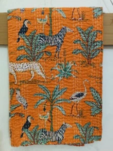 Orange color safari printed handmade Kantha quilt, Bedspread, cotton blanket - Picture 1 of 3