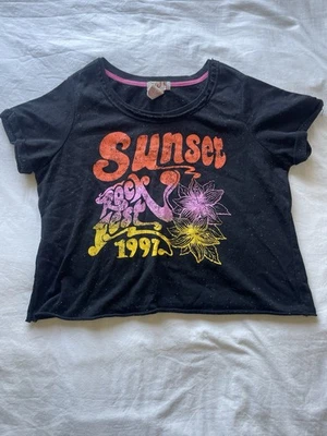 Sunset Rock Fest 1997 Shirt Girls XXL  Black Speckled Crop Cuffed Sleeve - Image 1 of 4