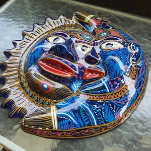 Vintage Sonne Mond Gesicht mexikanische Ton Keramik Skulptur Wandbehang Volkskunst 14" - Bild 1 von 4