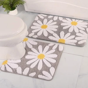 Bathroom Rugs Set 2 Piece, Cute Daisy Bath Mat Gray Toilet Rug U Shaped, Flow... - Picture 1 of 6
