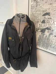 Barbour Slim International Wax Jacket Mens XL Black Belted A7 Motorcycle Coat - Picture 1 of 6