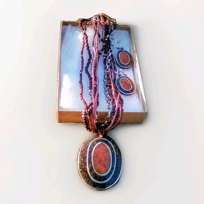 Vintage Boho Necklace & Earrings Set Brown Coconut Shell Resin Silver Tone... - Image 1 of 4