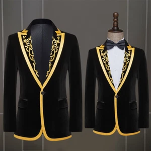 Peak Lapel Men's Jacket Single Breasted Slim Fit Golden Applique Costume Party - Picture 1 of 8