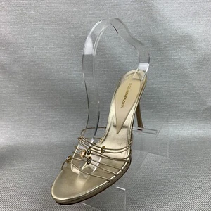 BCBG Maxazria Mule Stiletto Sandals Gold Leather Open Toe Straps Slide Size 8.5B - Picture 1 of 12