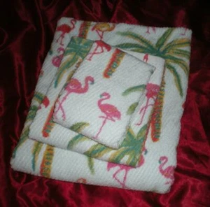 TROPICAL PINK FLAMINGO SHORELINE COLLECTION 3 PC 100% COTTON BATH ROOM TOWEL SET - Picture 1 of 12